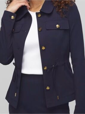 White House Black Market Navy Drawstring Utility Jacket with Gold Buttons